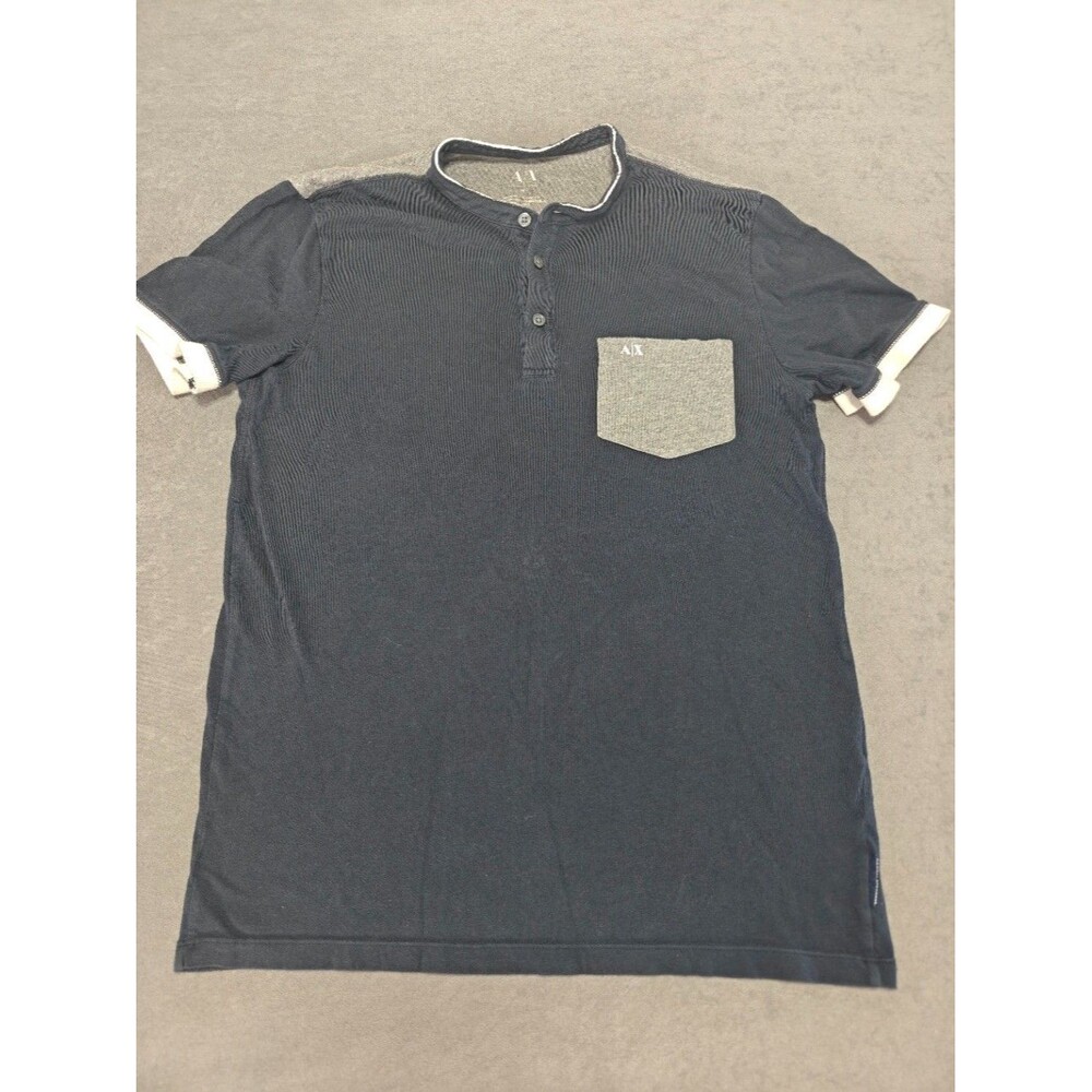 Armani Exchange A|X Men’s Medium Navy Henley Shirt Gray Pocket 100% Cotton